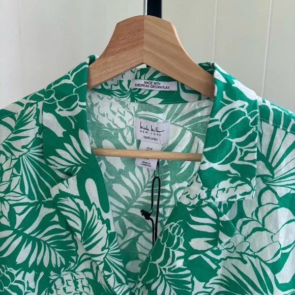 NWT Nicole Miller Women Med Preppy Linen Green Cropped Hawaiian Button Up Shirt - Picture 1 of 10